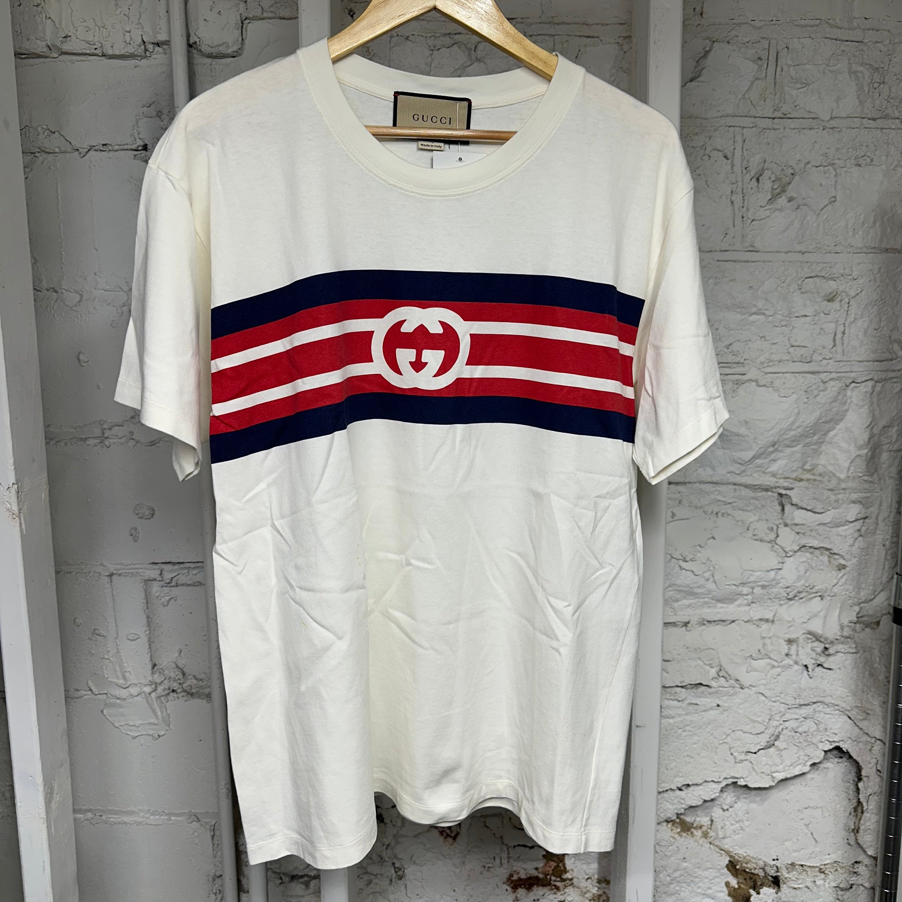 Gucci Interlocking G Stripe Cream T-Shirt Sz XS