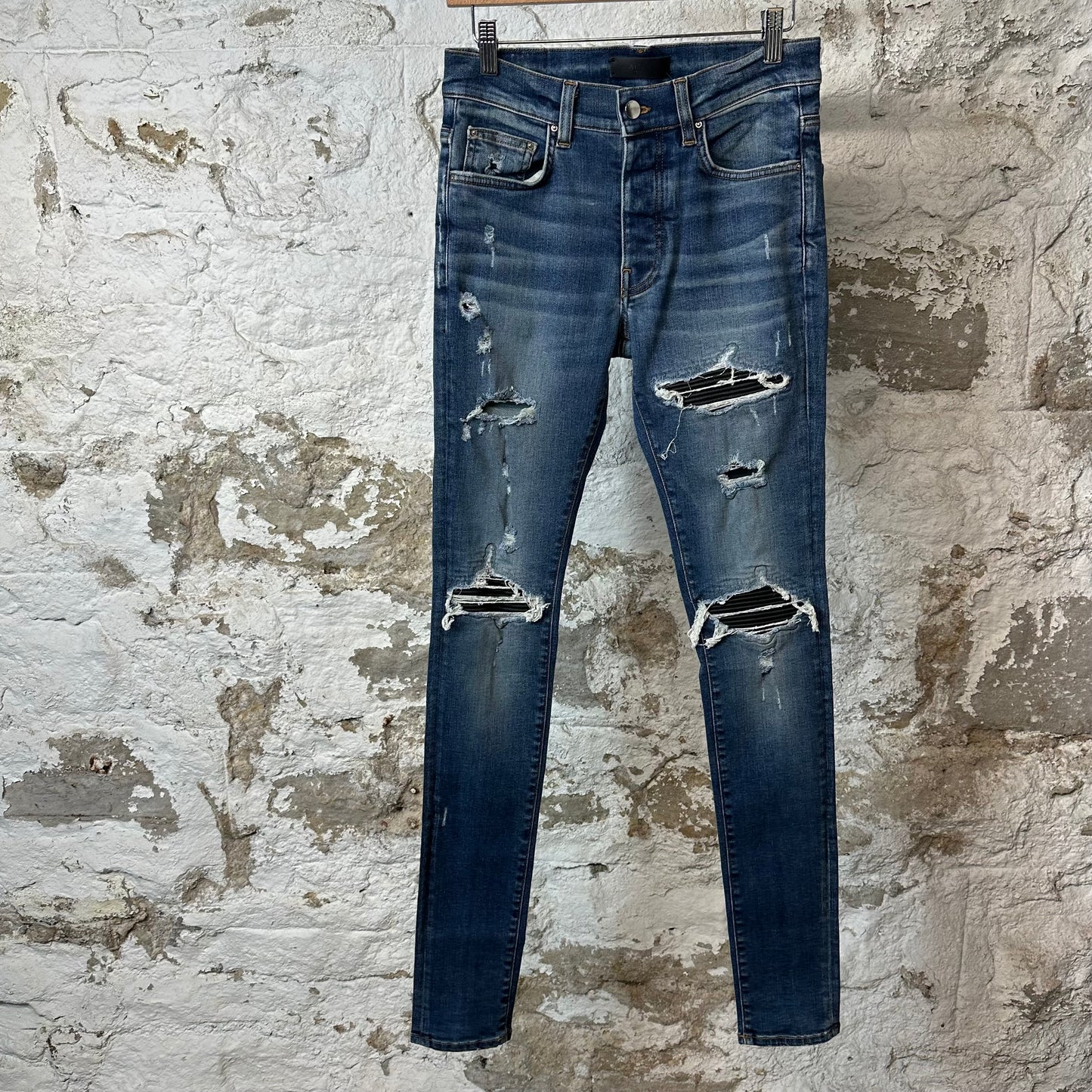 Amiri MX1 Black Leather Dark Blue Denim Jeans Sz 29