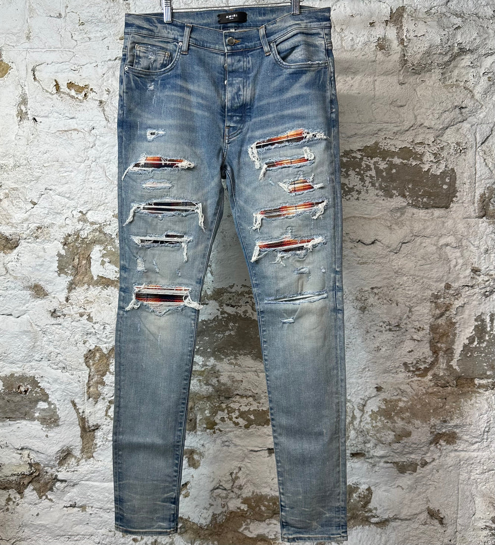 Amiri MX1 Multicolor Flannel Blue Denim Jeans Sz 34