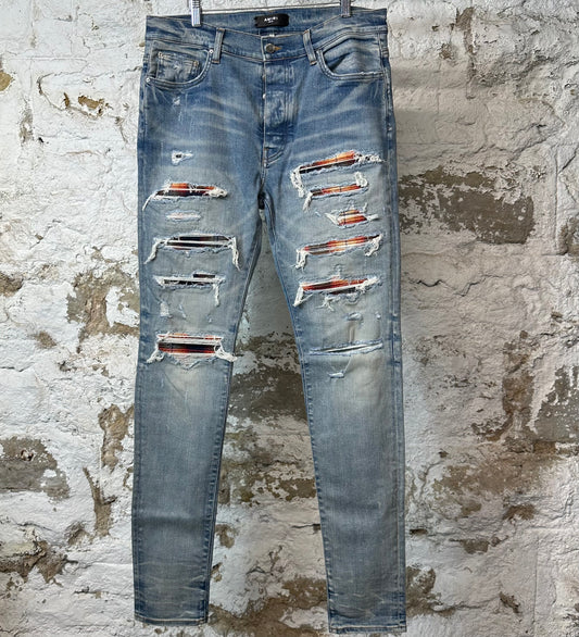Amiri MX1 Multicolor Flannel Blue Denim Jeans Sz 34