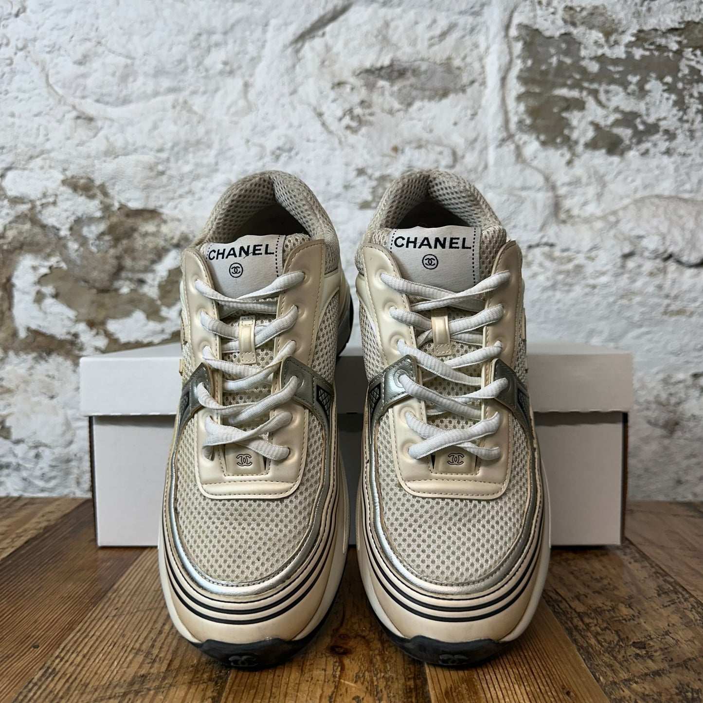 Chanel CC Ivory Silver Trainer Sneaker Sz 5.5 (37.5) No Box