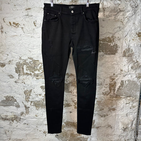 Amiri MX1 Black Leather Black Denim Jeans Sz 36