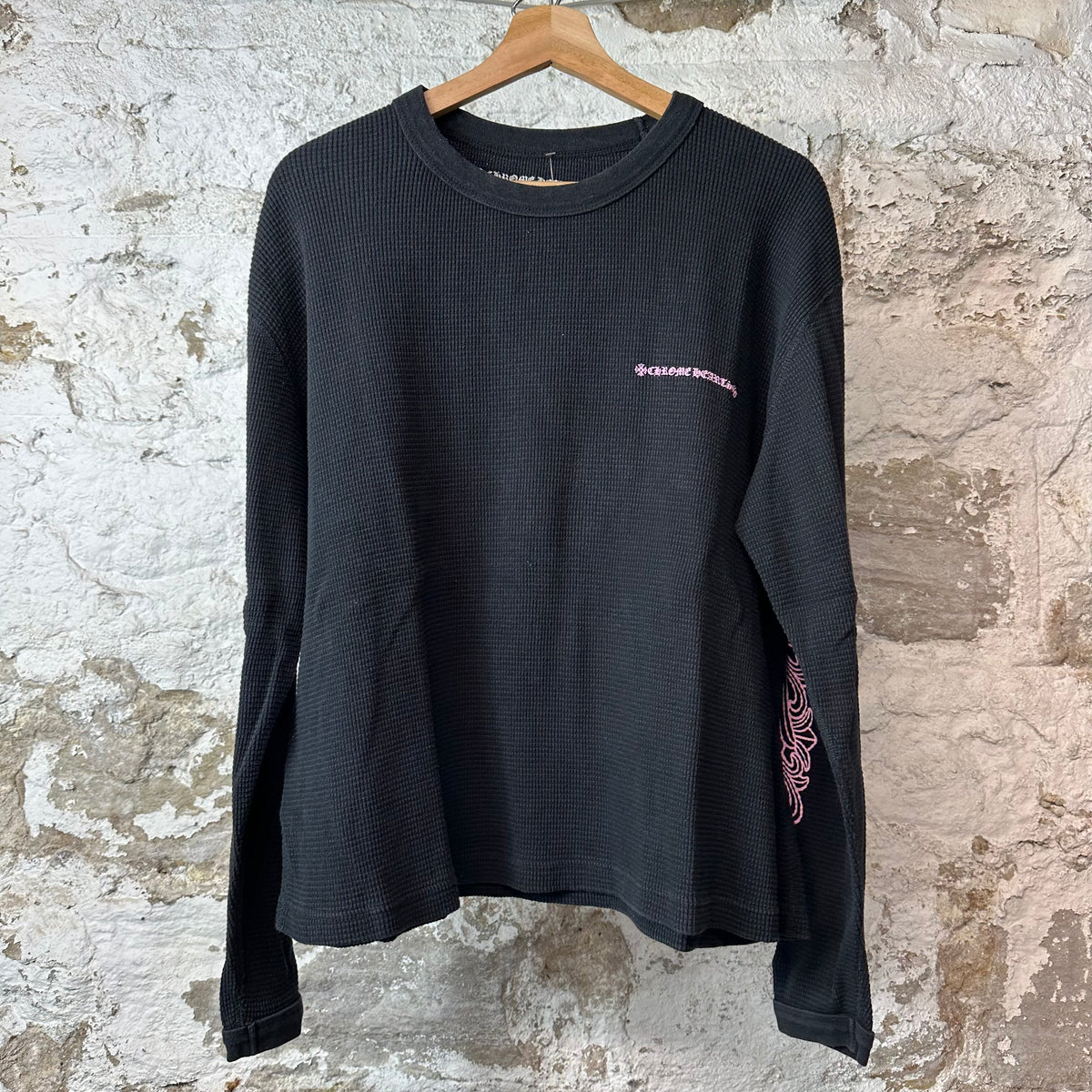 Chrome Hearts Matty Boy Pink Script Waffle Black Thermal Long Sleeve Sz L