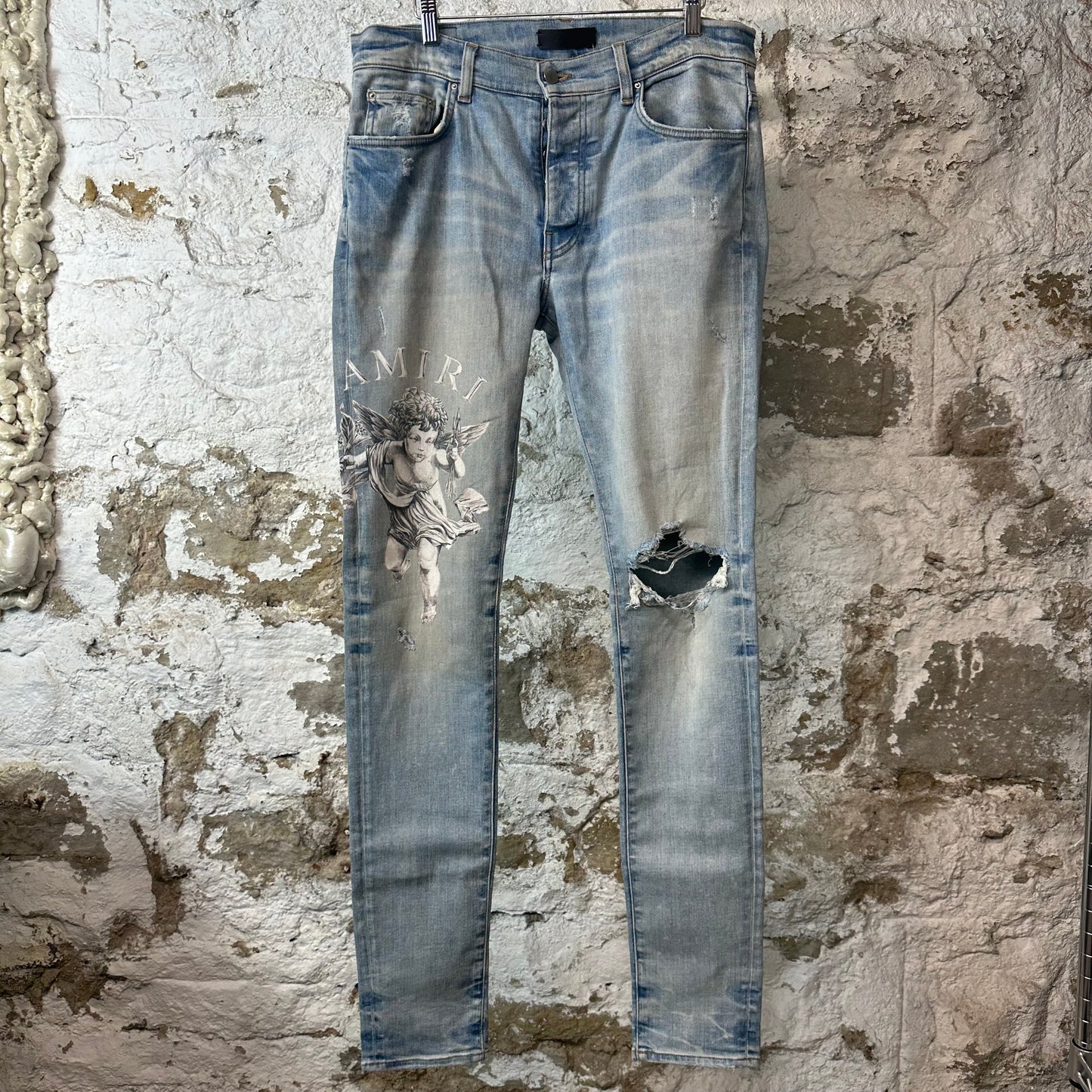 Amiri Cherub Angel Logo Blue Denim Jeans Sz 32