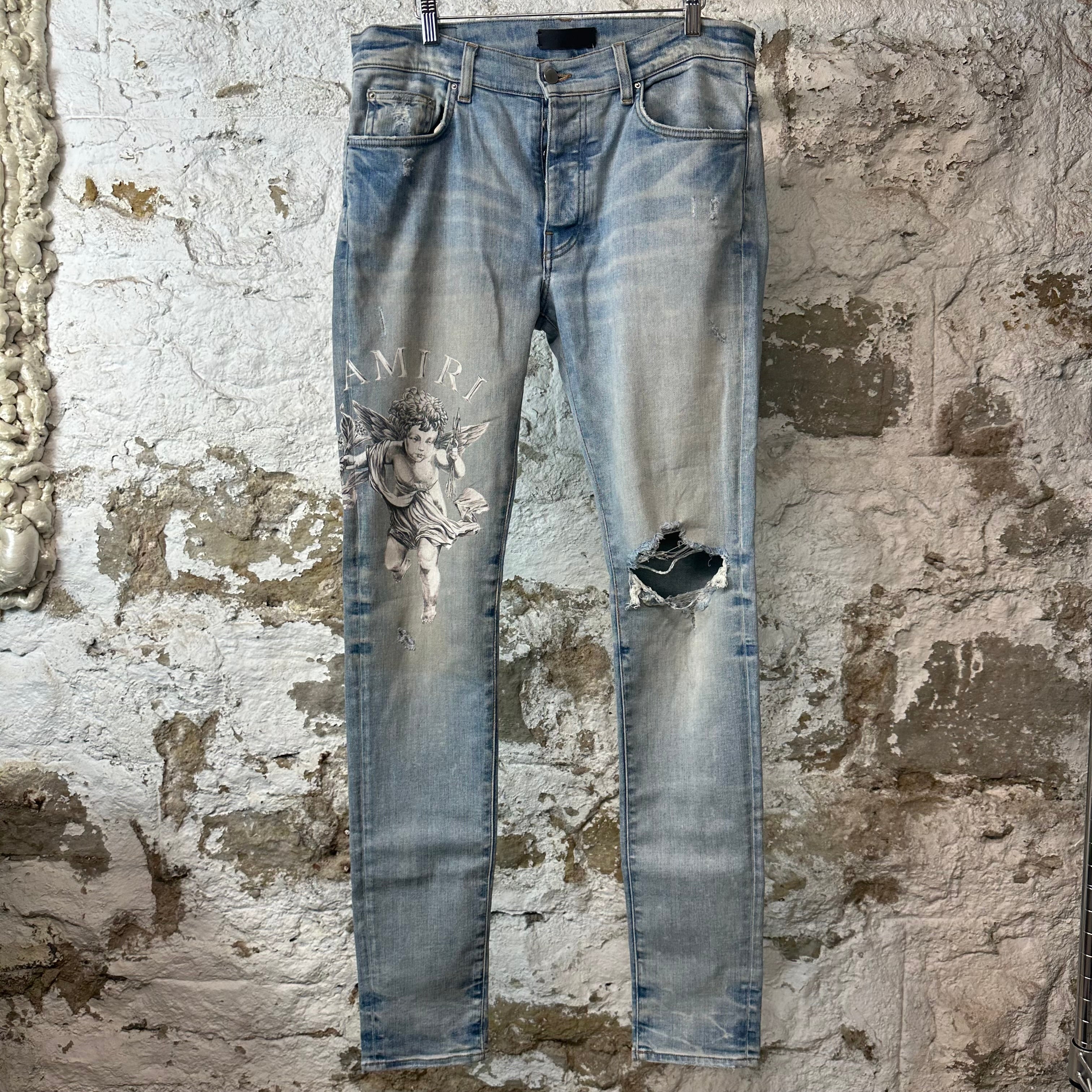 Amiri Cherub Angel Logo Blue Denim Jeans Sz 32
