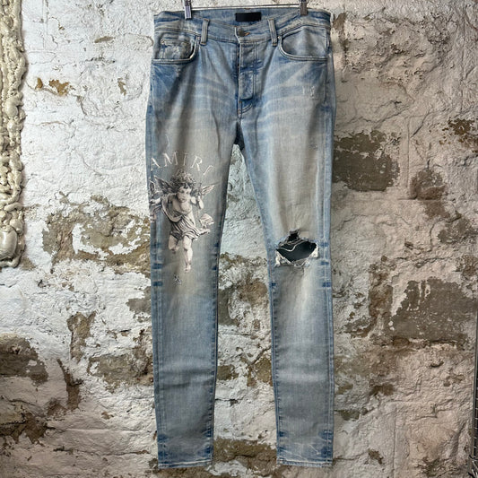 Amiri Cherub Angel Logo Blue Denim Jeans Sz 32