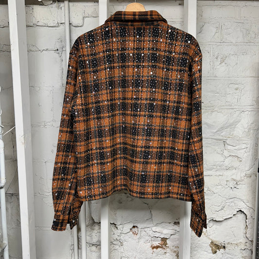 Vale Orange Black Plaid Rhinestone Flannel Sz M