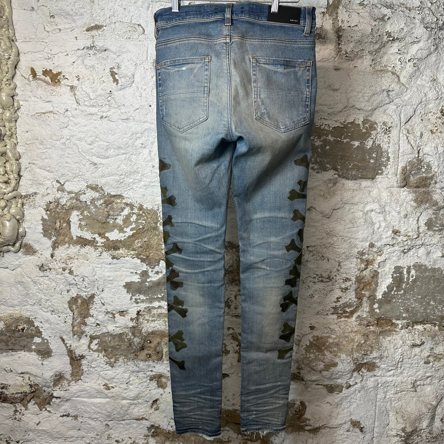 Amiri Green Camo Bones Blue Denim Jeans Sz 31