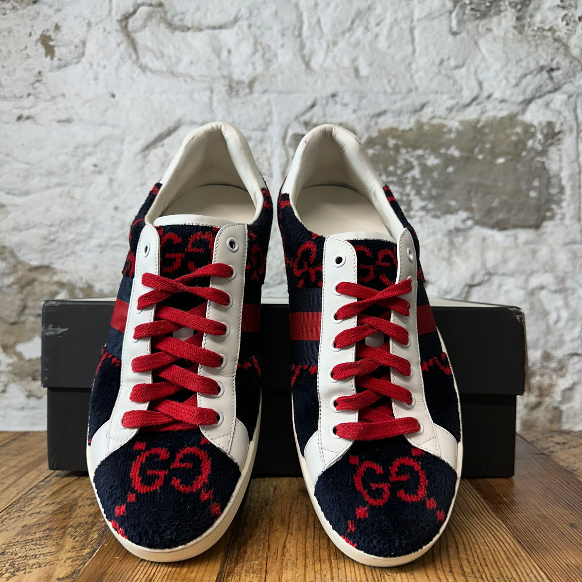 Gucci Red GG Monogram Navy Terry Ace Sneaker Sz 10