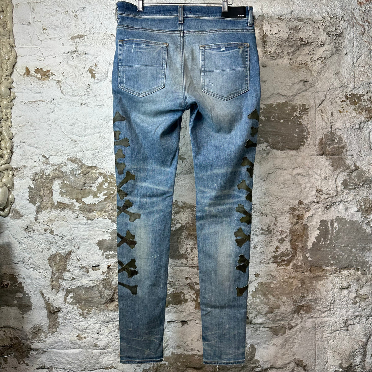 Amiri Green Camo Bones Blue Denim Jeans Sz 33