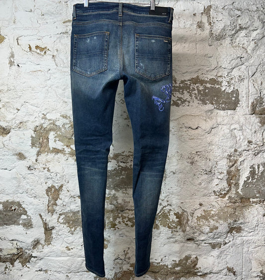 Amiri Purple Paisley Spell Dark Blue Denim Jeans Sz 32