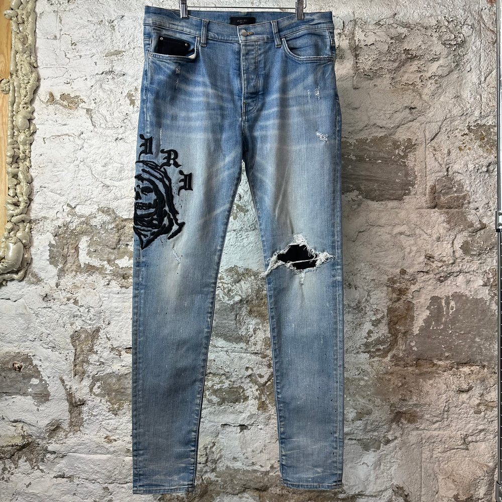 Amiri Embroidered Reaper Logo Blue Denim Jeans Sz 36