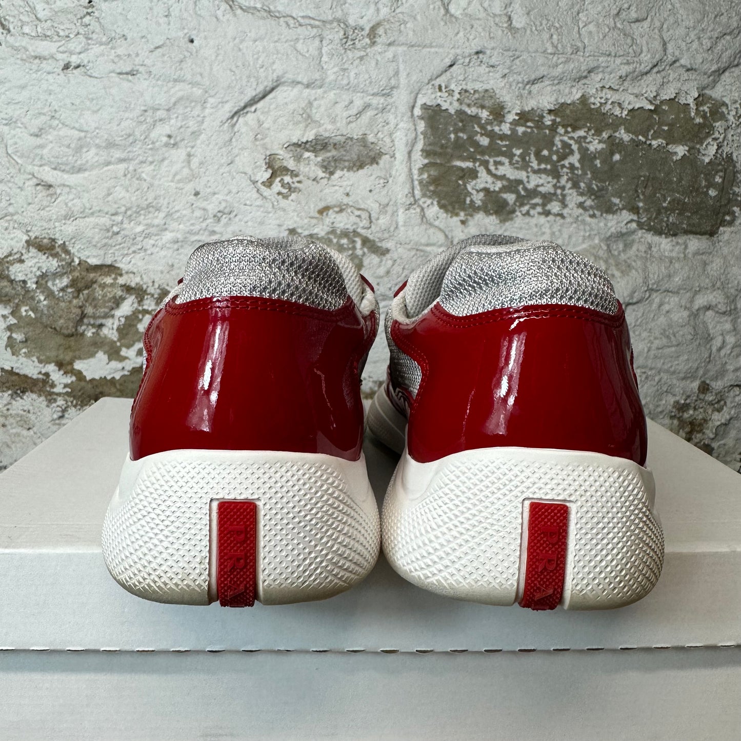 Prada Americas Cup Red Patent Grey White Sneaker Sz 8