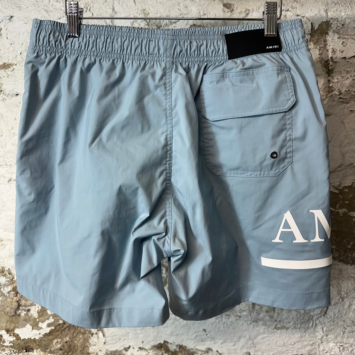 Amiri White Bar Logo Light Blue Trunks Sz M