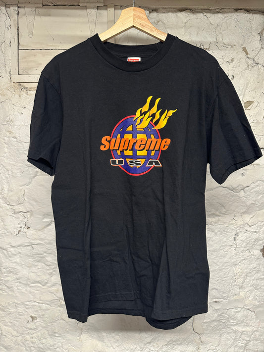 Supreme USA Flames Black T-Shirt Sz M