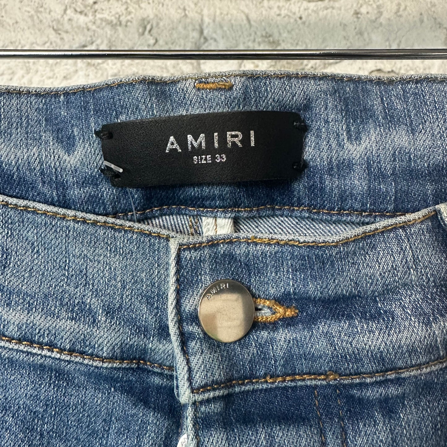 Amiri MX1 Camo Patch Blue Denim Jeans Sz 33