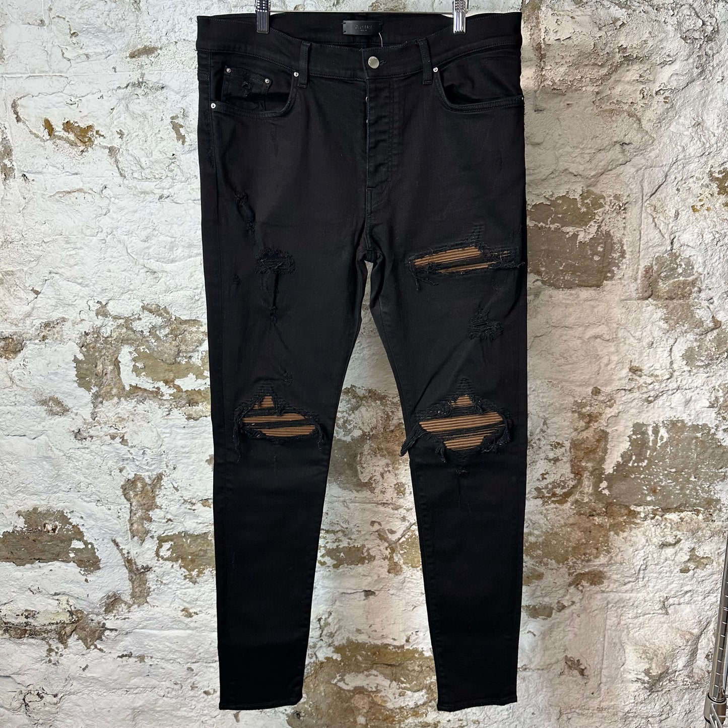 Amiri MX1 Brown Suede Black Denim Jeans Sz 38