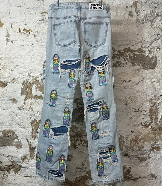 Who Decides War Stained Glass Patched Blue Denim Jeans Sz 28