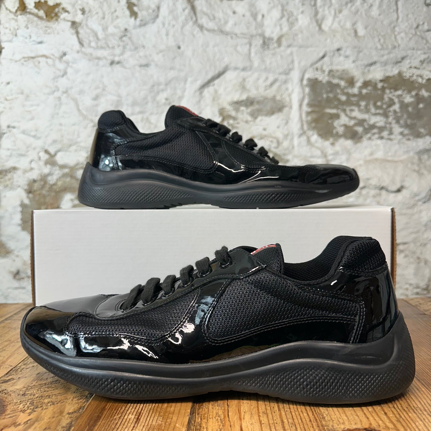 Prada Americas Cup Triple Black Patent Sneaker Sz 9.5