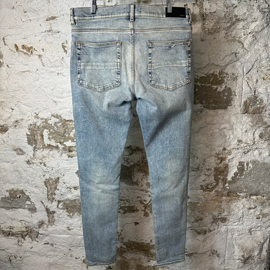 Amiri MX1 Black Leather Washed Blue Denim Jeans Sz 36
