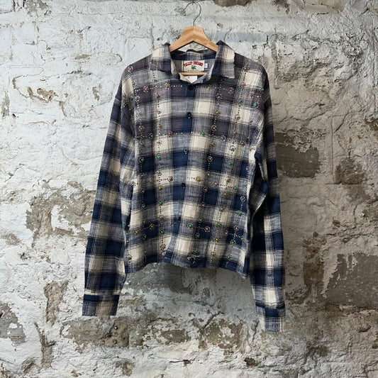 Vale Blue Plaid Multicolor Rhinestone Flannel Sz M DS
