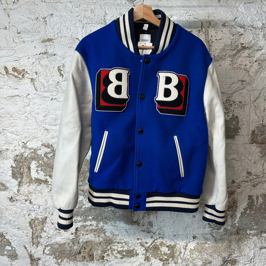 Burberry Felt B Logo Leather Varsity Jacket Blue Sz L