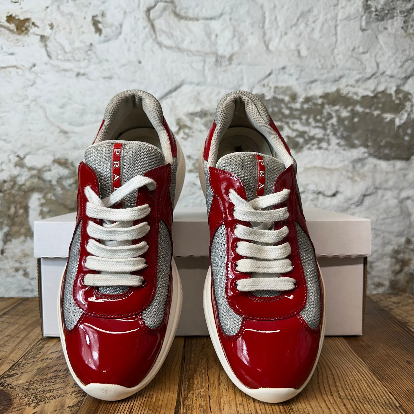 Prada Americas Cup Red Patent Grey White Sneaker Sz 6.5