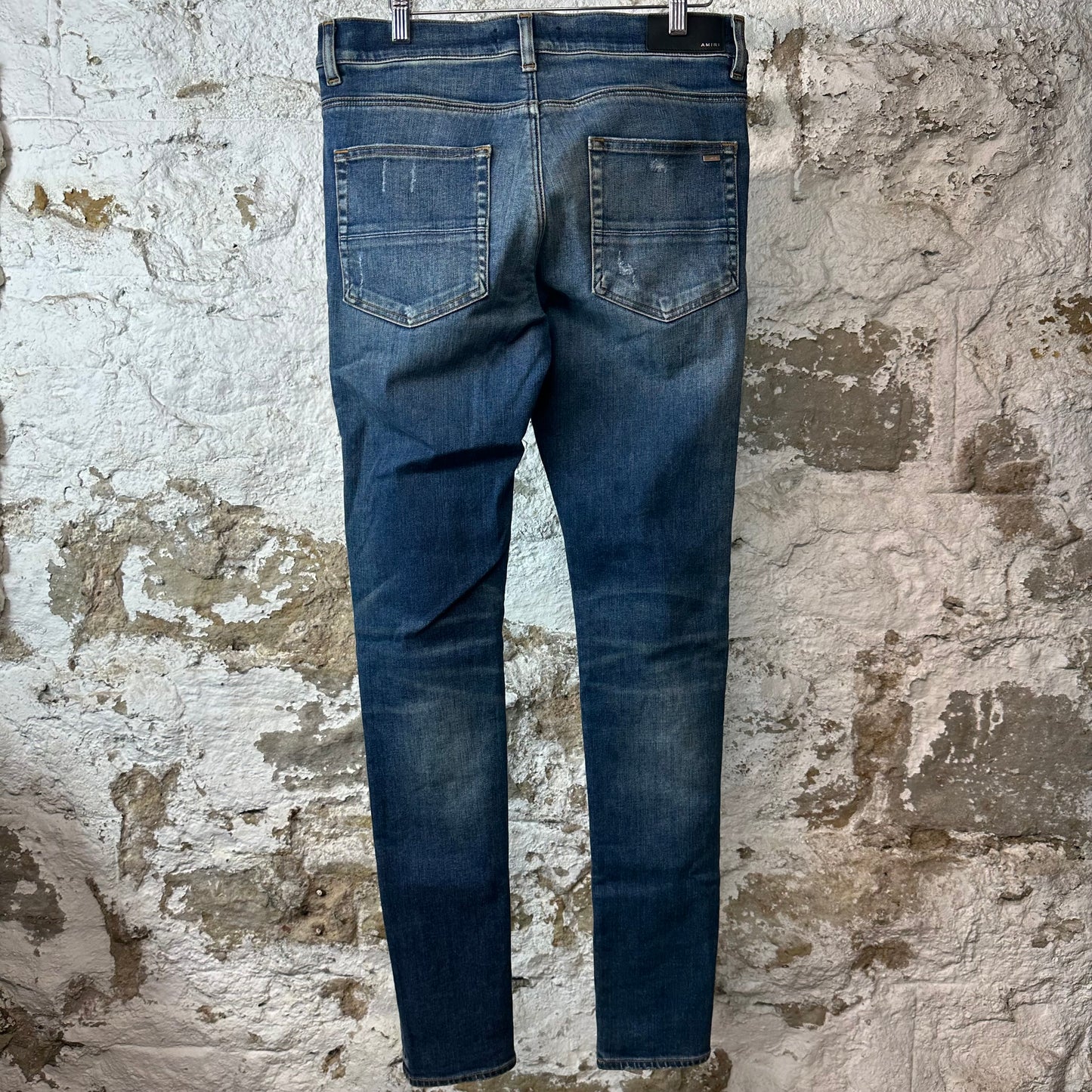 Amiri MX1 Black Leather Dark Blue Denim Jeans Sz 32