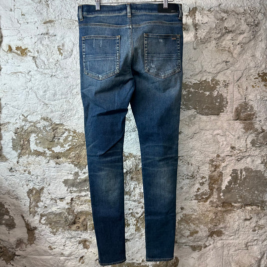 Amiri MX1 Black Leather Dark Blue Denim Jeans Sz 32