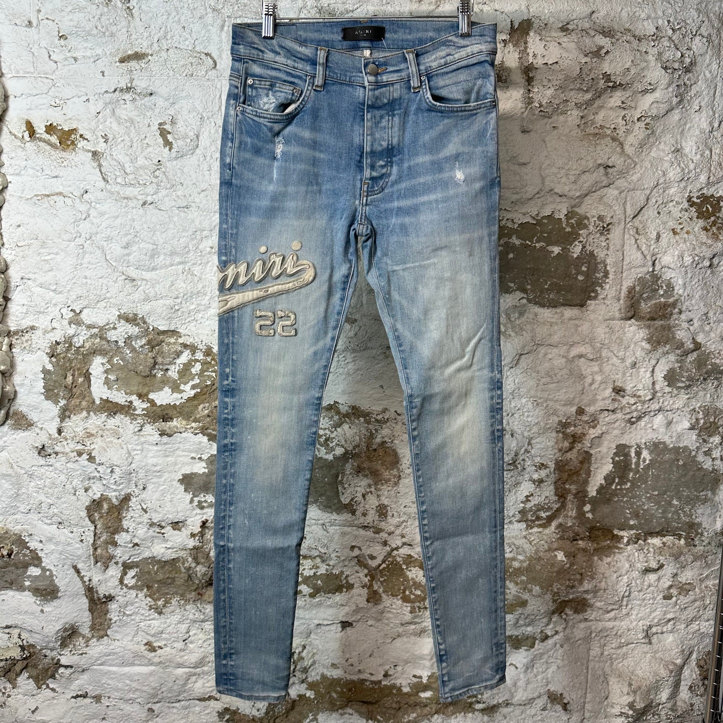 Amiri Varsity 22 Patch Blue Denim Jeans Sz 30