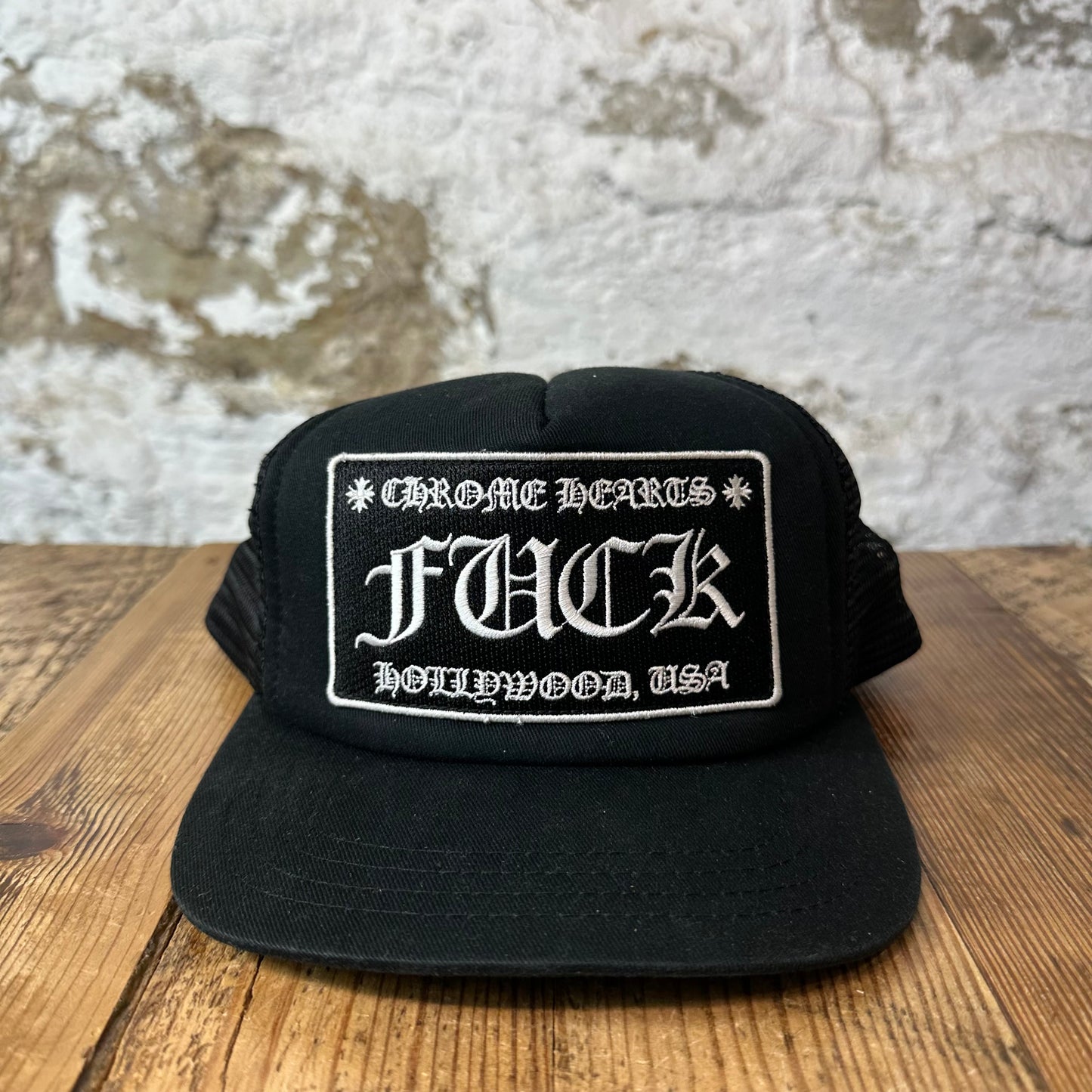 Chrome Hearts Hollywood FUCK Black Trucker Hat