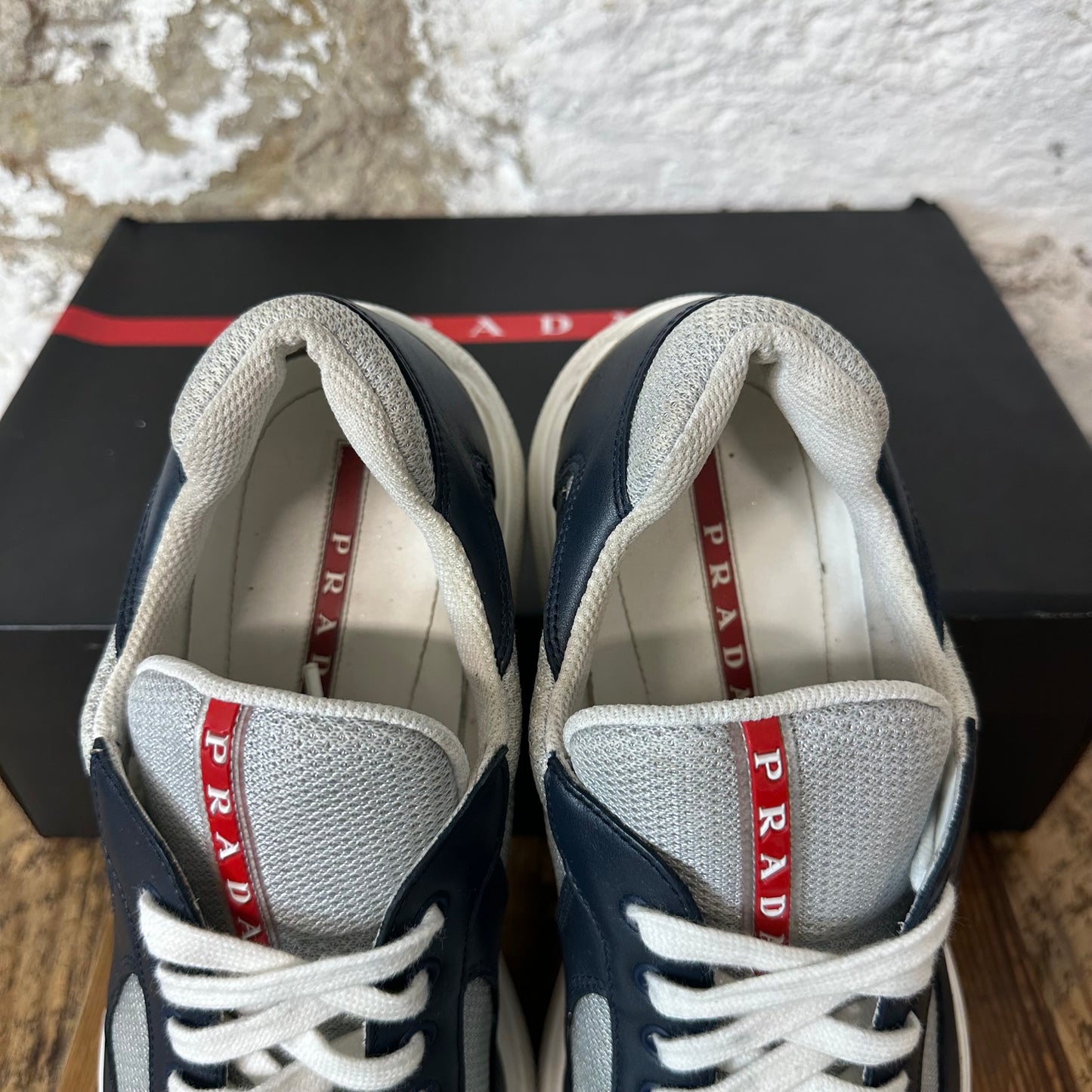 Prada Americas Cup Navy Leather Grey White Sneaker Sz 8