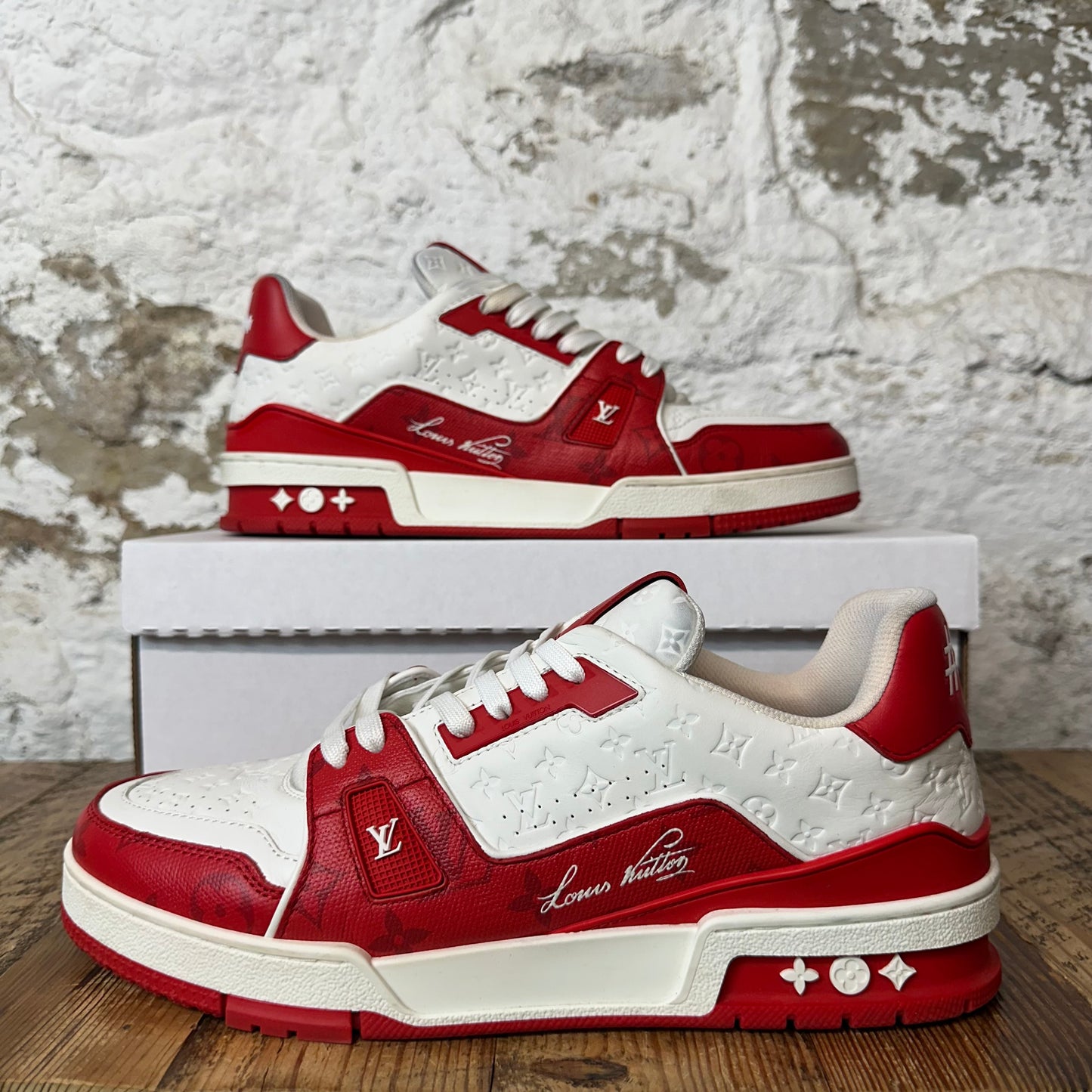 Louis Vuitton Red White Monogram Trainer Sneaker Sz 10 (8.5LV) No Box