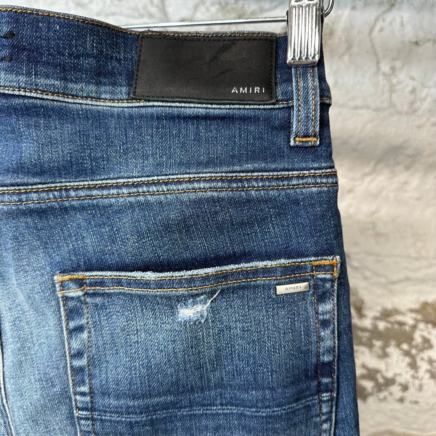 Amiri MX1 Black Leather Dark Blue Denim Jeans Sz 30