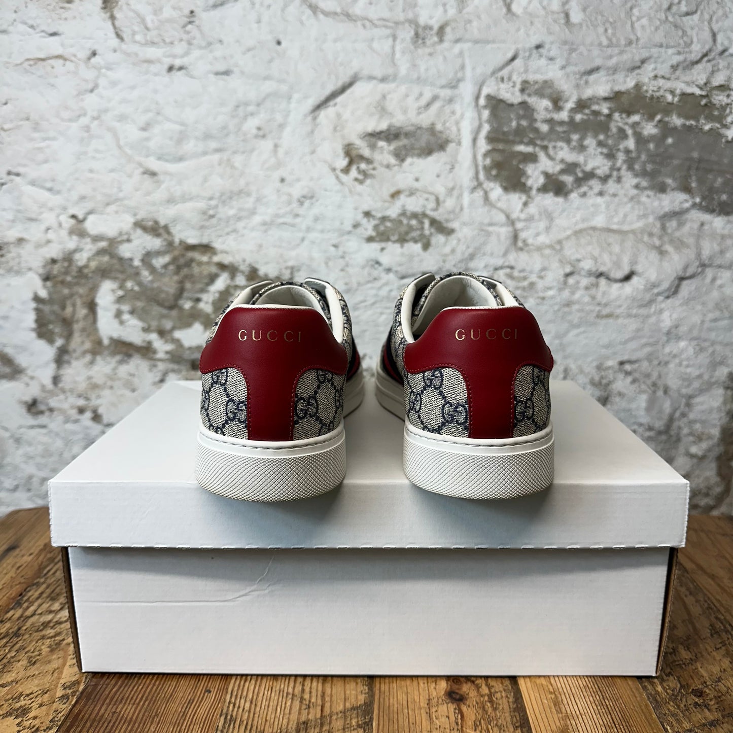 Gucci Ace Navy GG Monogram Beige Sneaker Sz 9