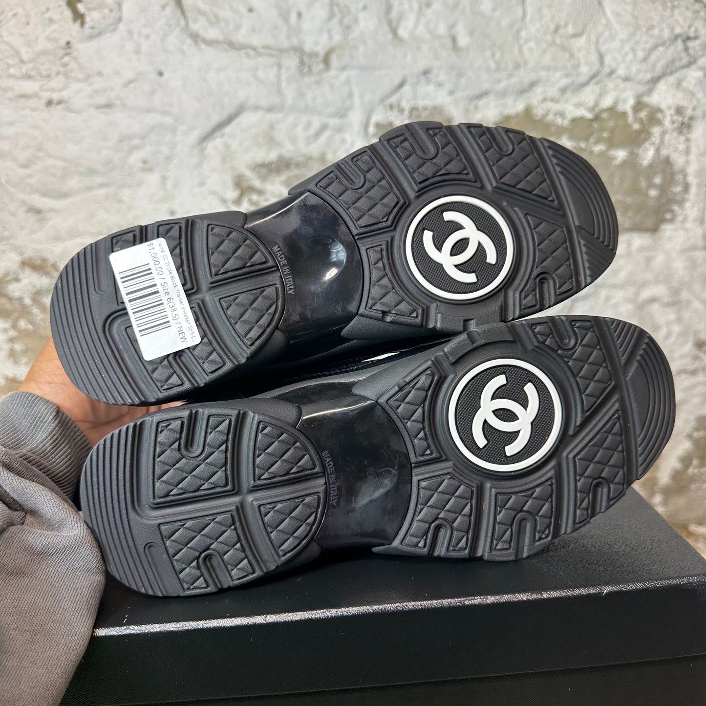 Chanel CC Triple Black Trainer Sneaker Sz 6 (38.5) DS