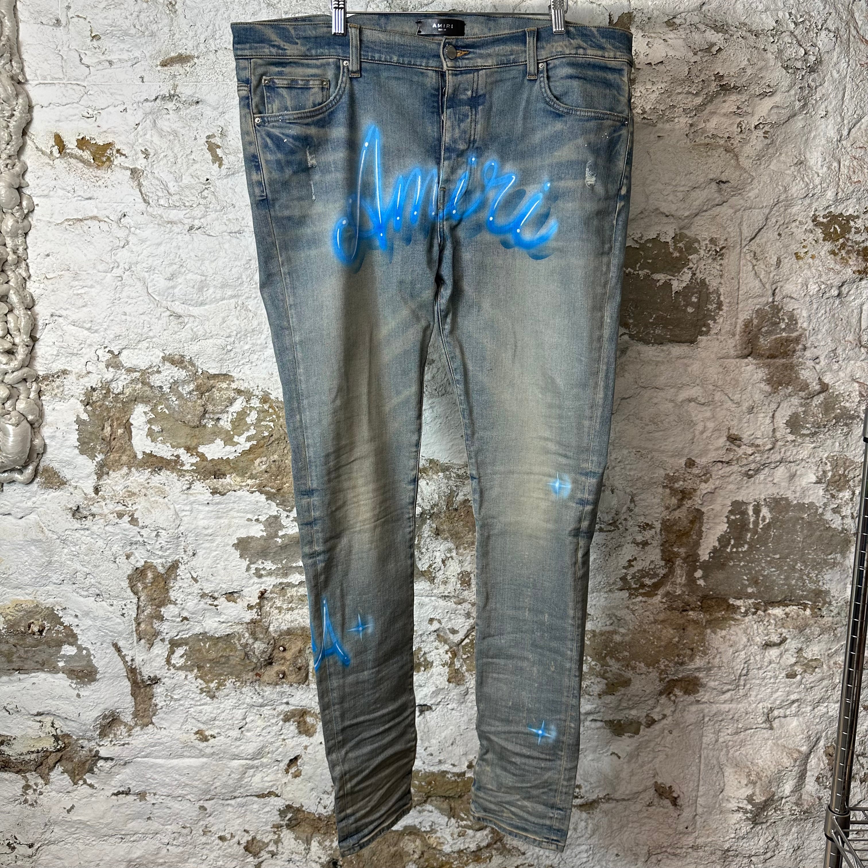 Amiri Airbrushed Logo Blue Denim Jeans Sz 38