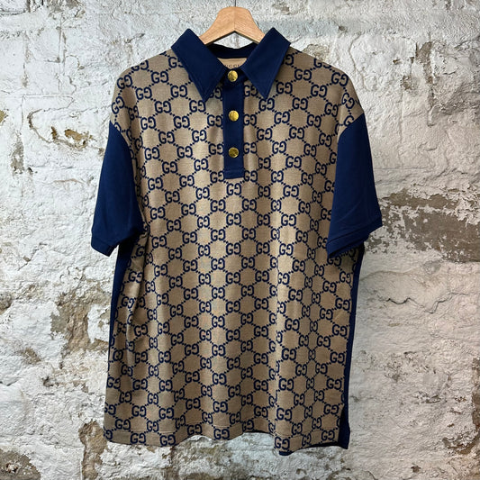Gucci Navy GG Monogram Polo Shirt Navy Blue Sz XXL