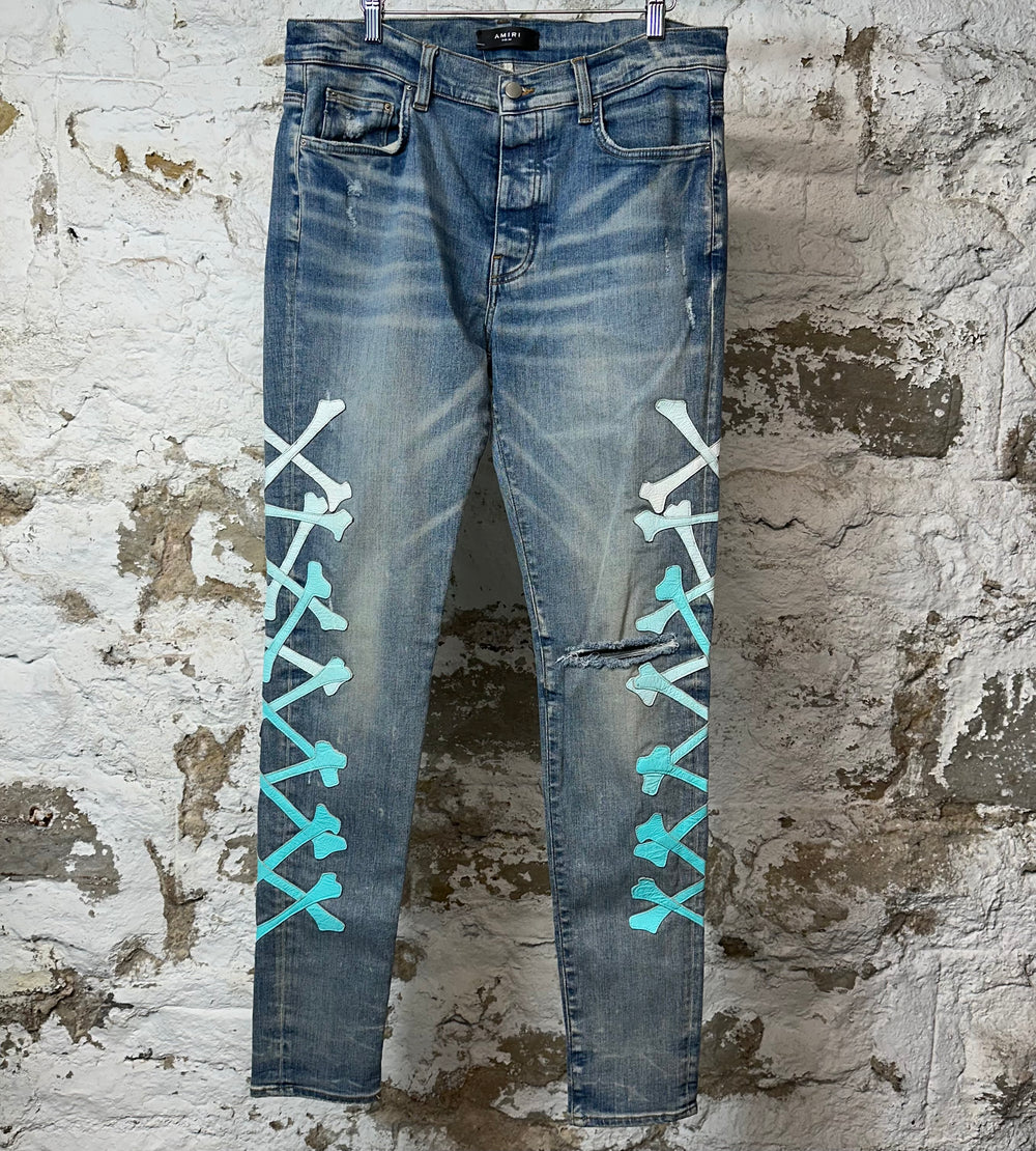 AMiri Teal Blue Gradient Bones Blue Denim Jeans Sz 34