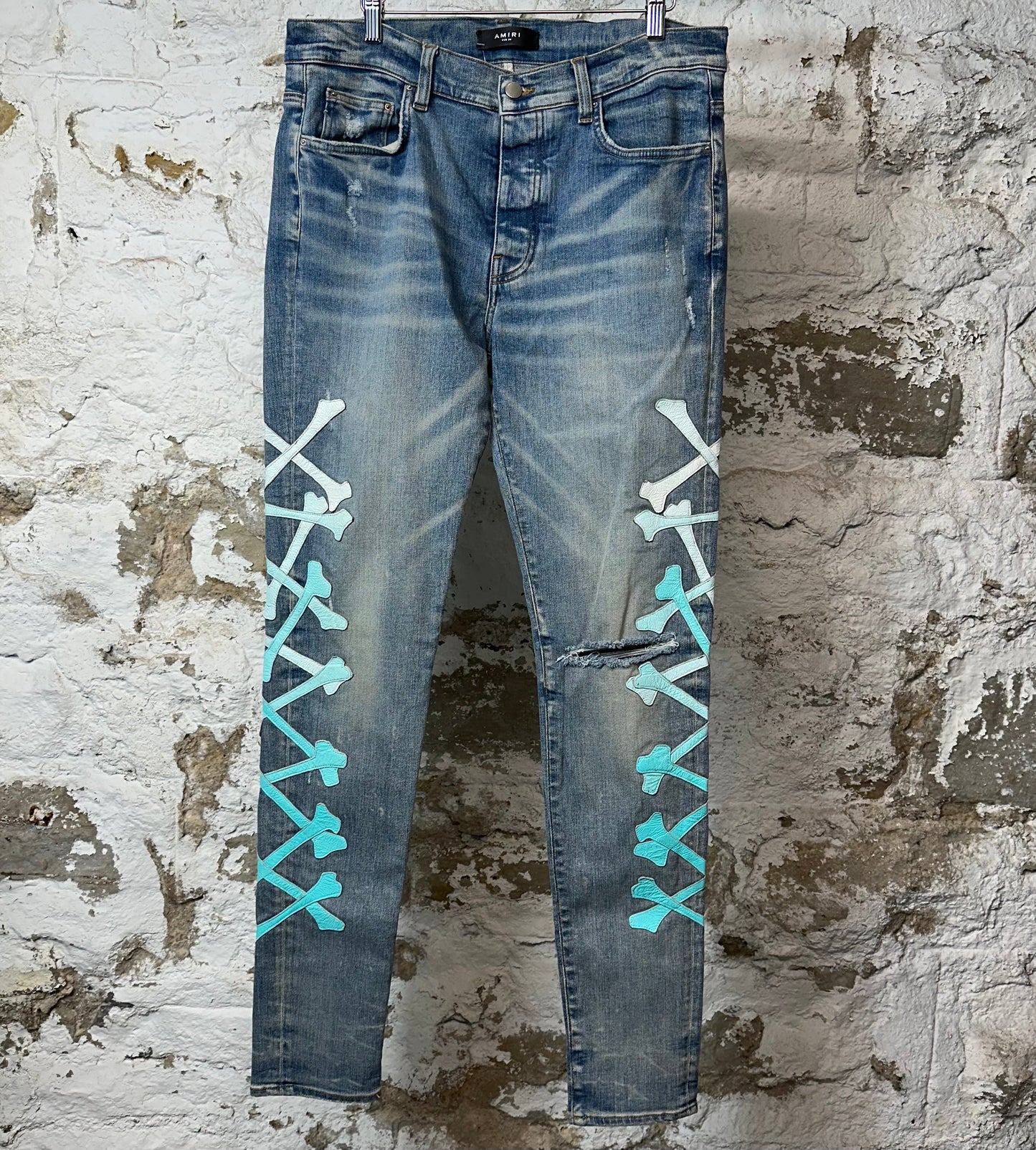 AMiri Teal Blue Gradient Bones Blue Denim Jeans Sz 34