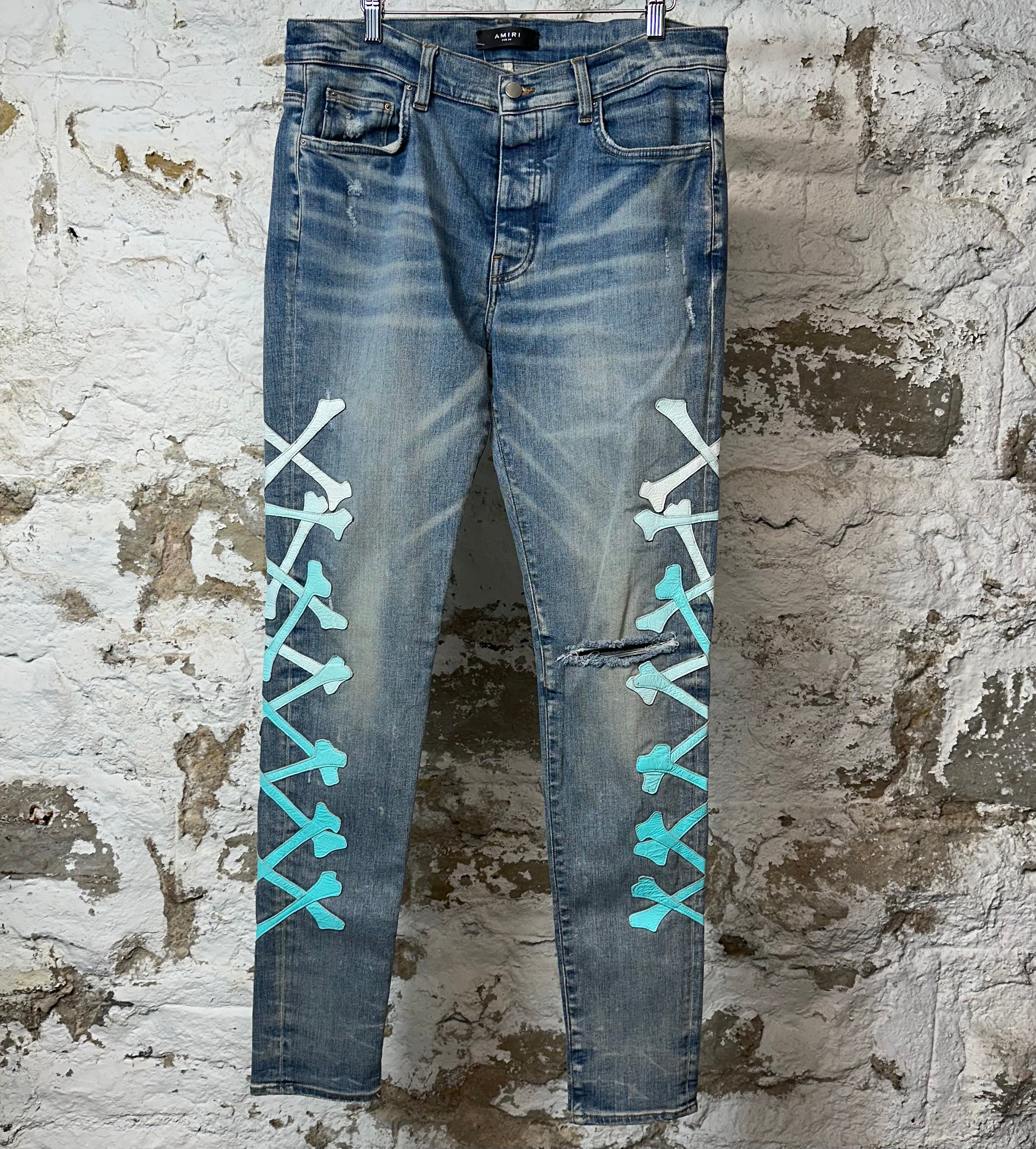 AMiri Teal Blue Gradient Bones Blue Denim Jeans Sz 34