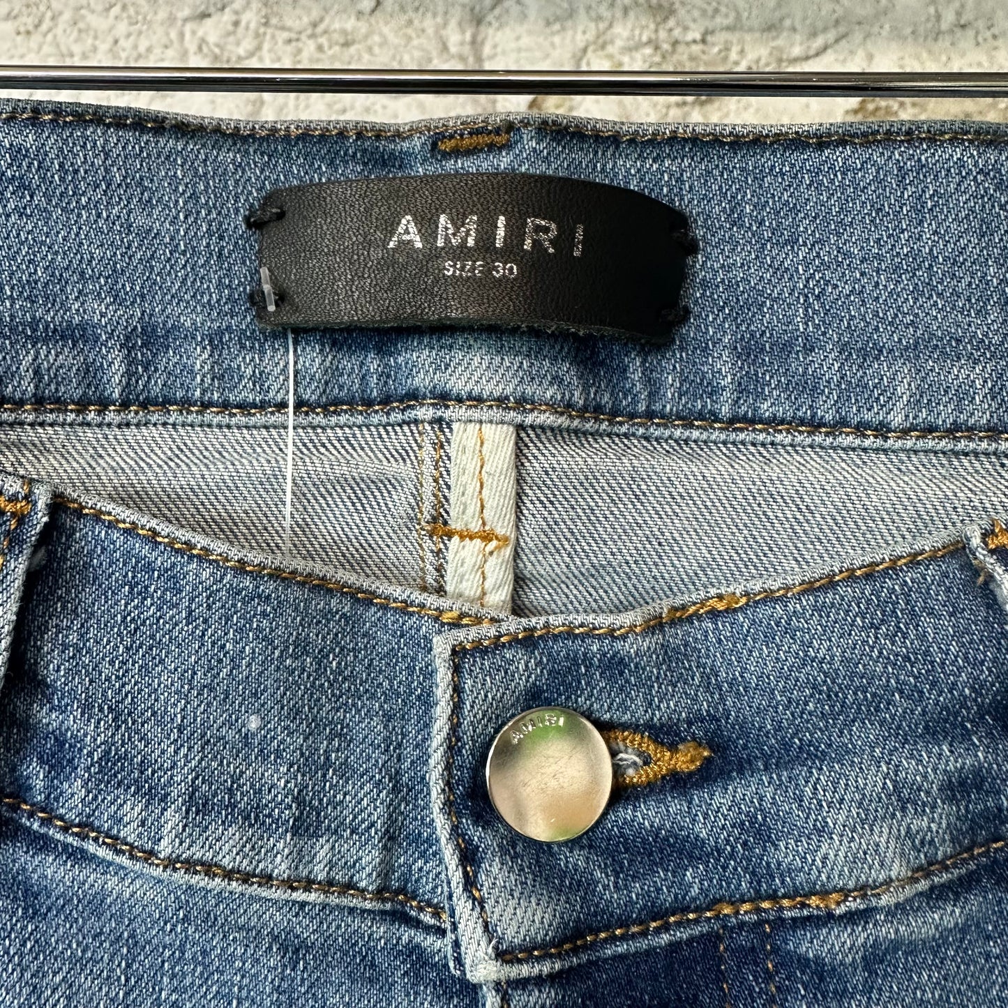 Amiri MX1 Black Leather Blue Denim Jeans Sz 30