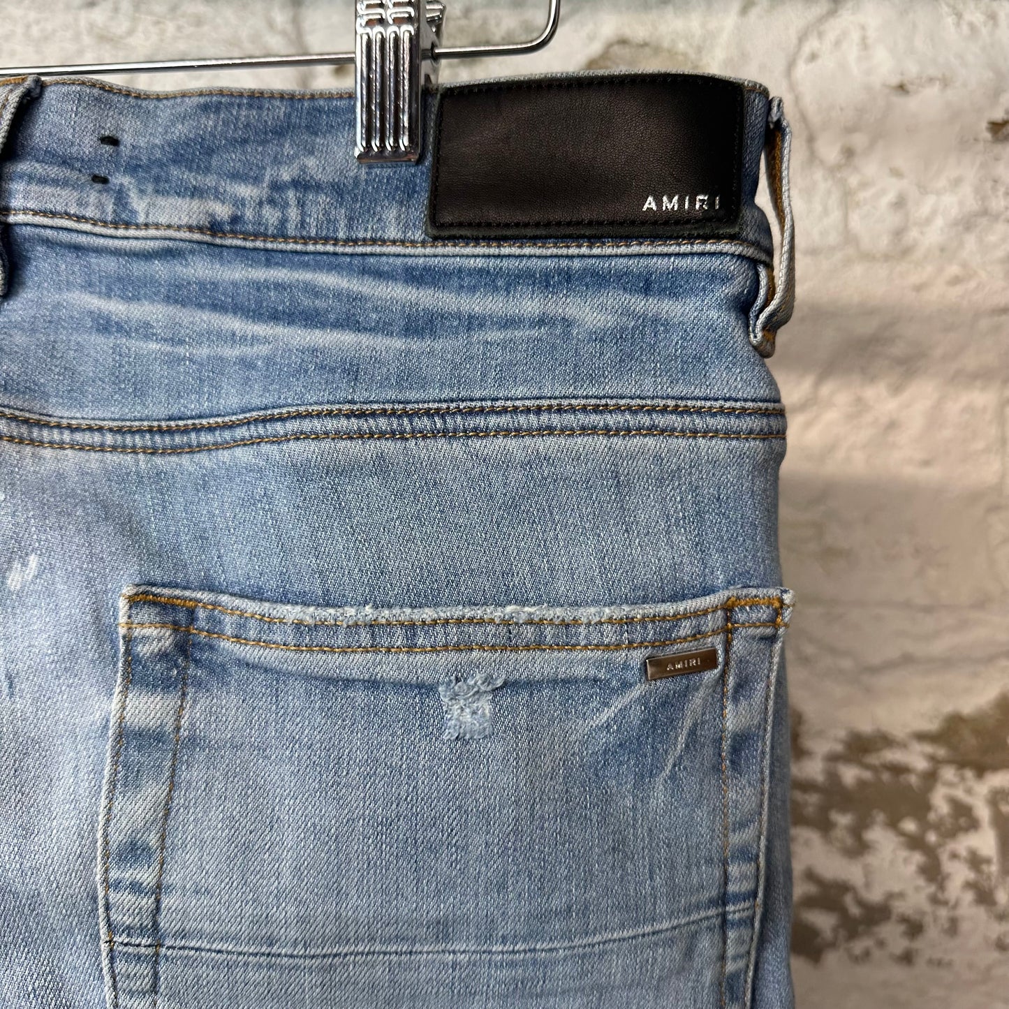 Amiri MX1 Cream Glitter Spell Blue Denim Jeans Sz 31