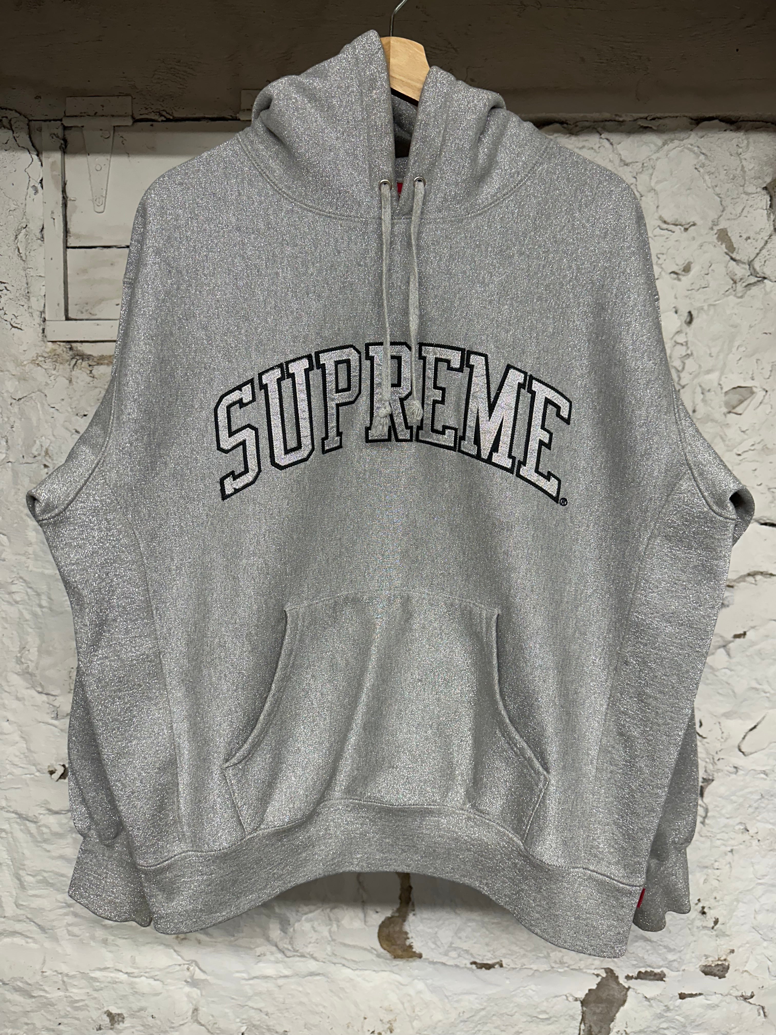 Supreme Grey Glitter Spellout Hoodie Sz M