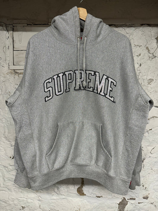 Supreme Grey Glitter Spellout Hoodie Sz M