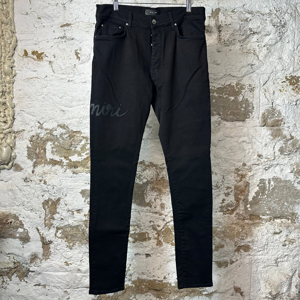 Amiri Leather Script Logo Black Denim Jeans Sz 34