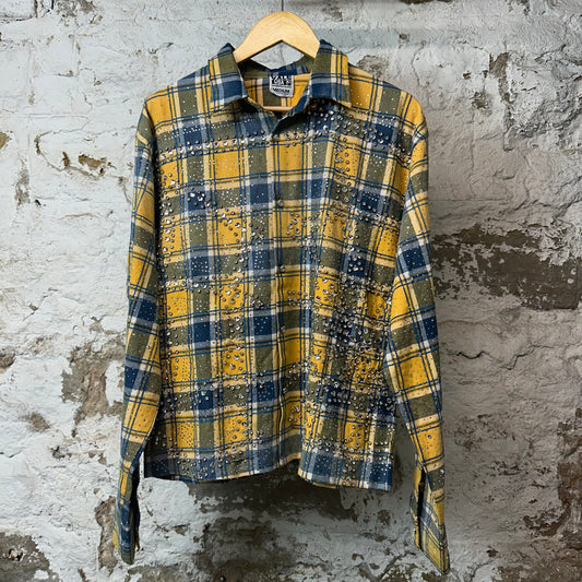 Vale Blue Yellow Plaid Rhinestone Flannel Sz M