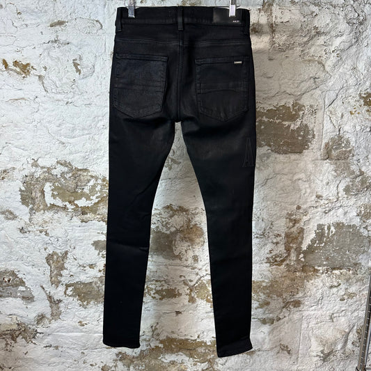 Amiri Black Leather Core Logo Black Waxed Denim Jeans Sz 28
