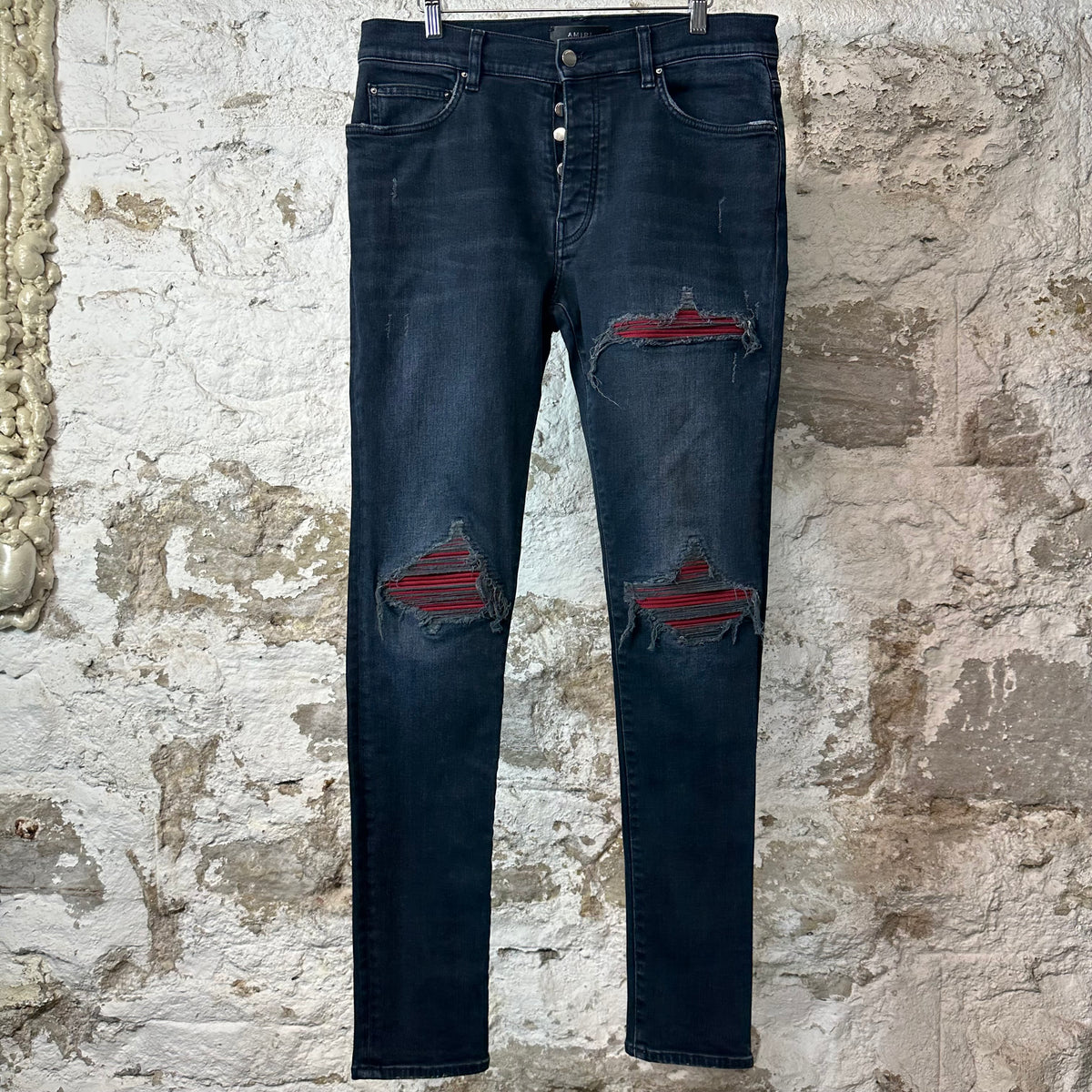 Amiri MX1 Red Suede Faded Black Denim Jeans Sz 33