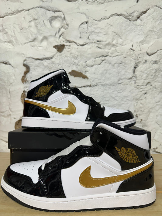 Air Jordan 1 Mid Patent Black White Gold Sz 14 DS